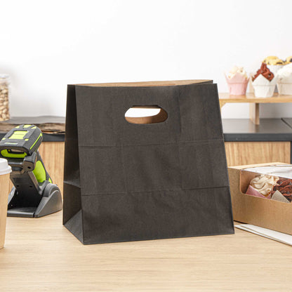 Bag Tek Rectangle Black Paper Take Out Bag - with Handles - 11" x 7" x 11" - 100 count box