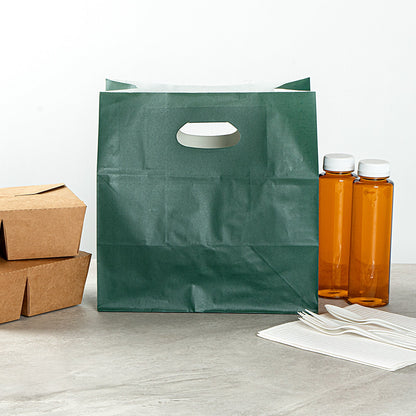 Bag Tek Rectangle Forest Green Paper Take Out Bag - with Handles - 11" x 7" x 11" - 100 count box