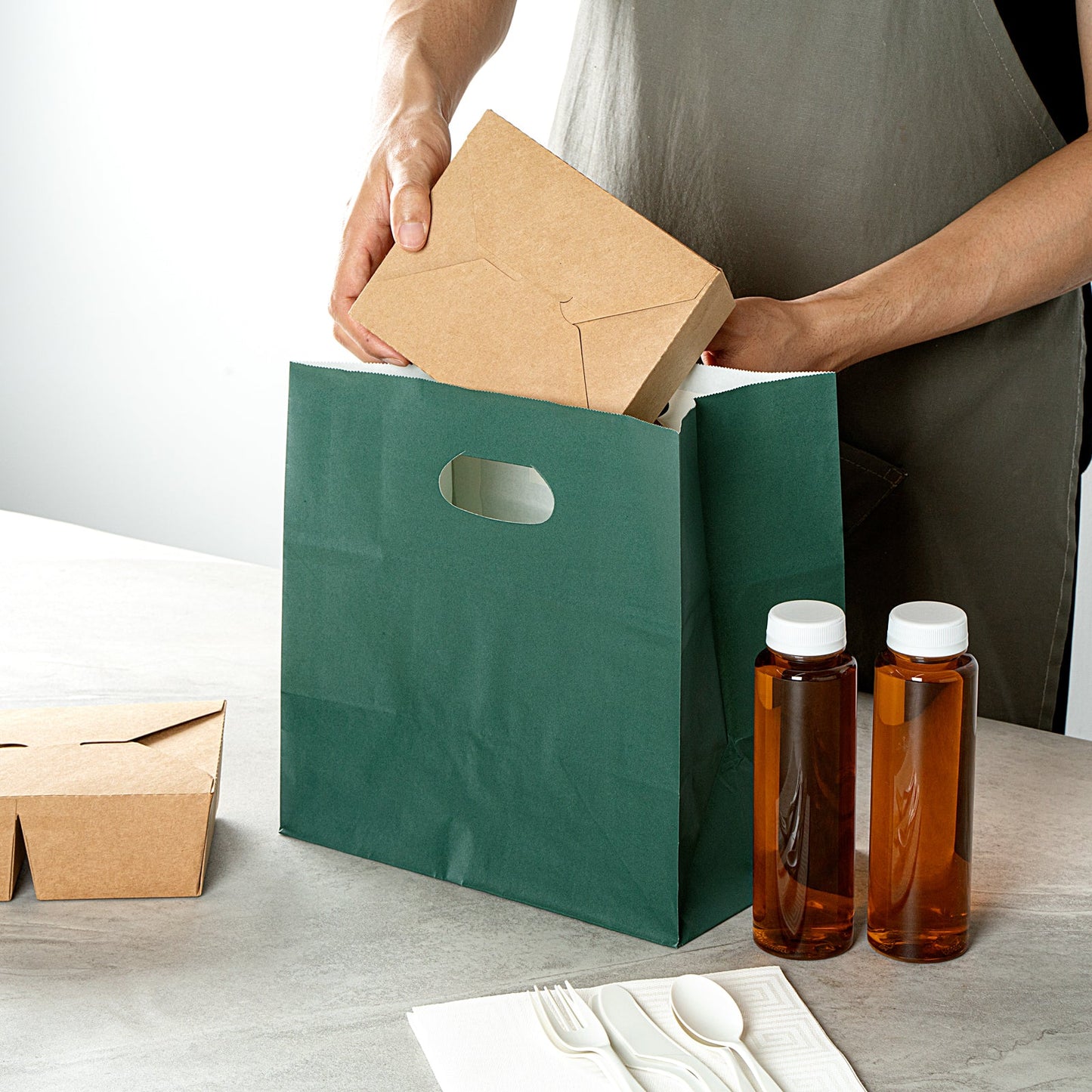 Bag Tek Rectangle Forest Green Paper Take Out Bag - with Handles - 11" x 7" x 11" - 100 count box