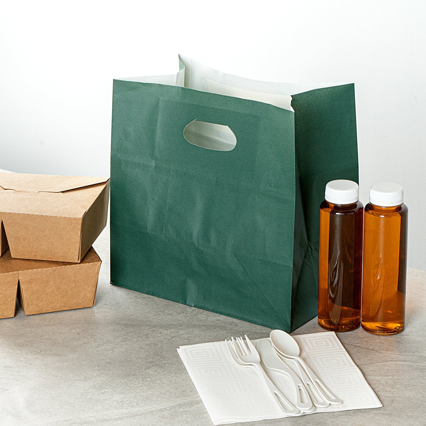 Bag Tek Rectangle Forest Green Paper Take Out Bag - with Handles - 11" x 7" x 11" - 100 count box