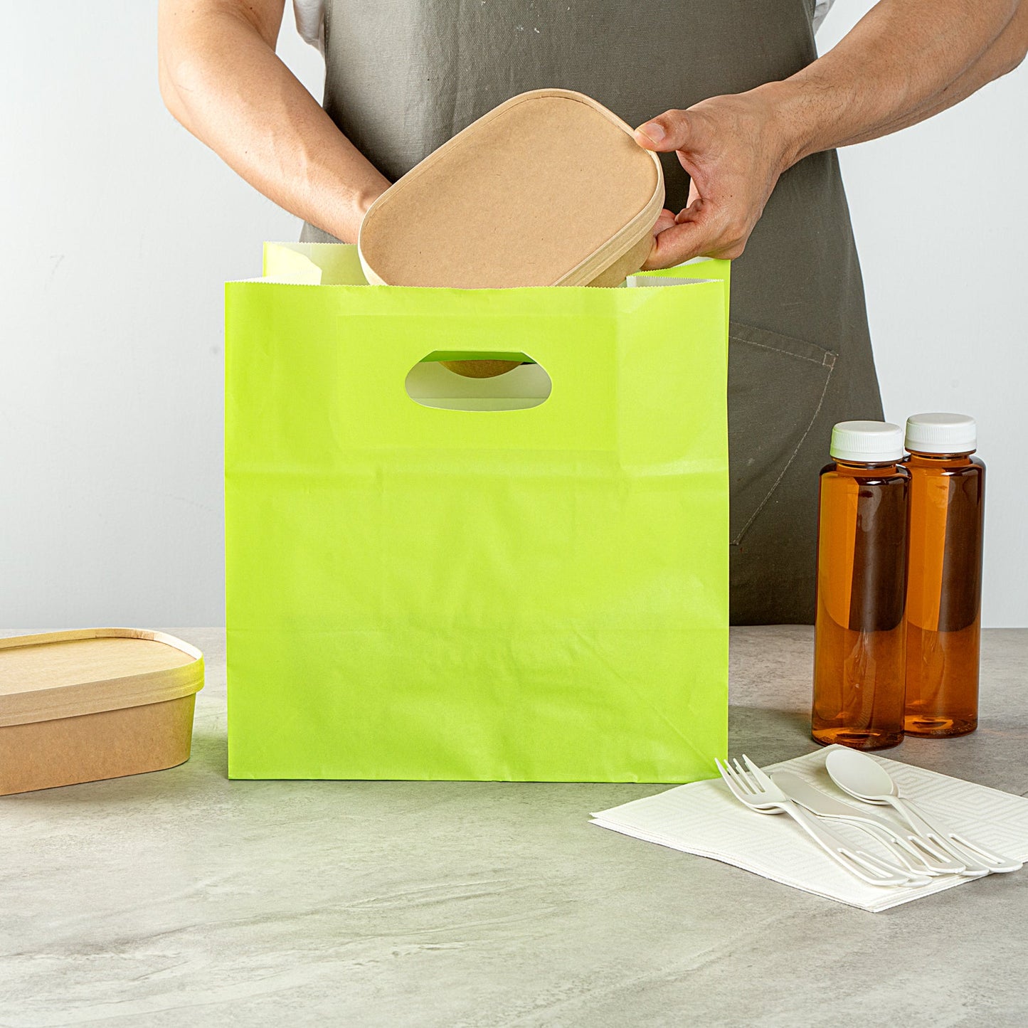 Bag Tek Rectangle Eco Green Paper Take Out Bag - with Handles - 11" x 7" x 11" - 100 count box