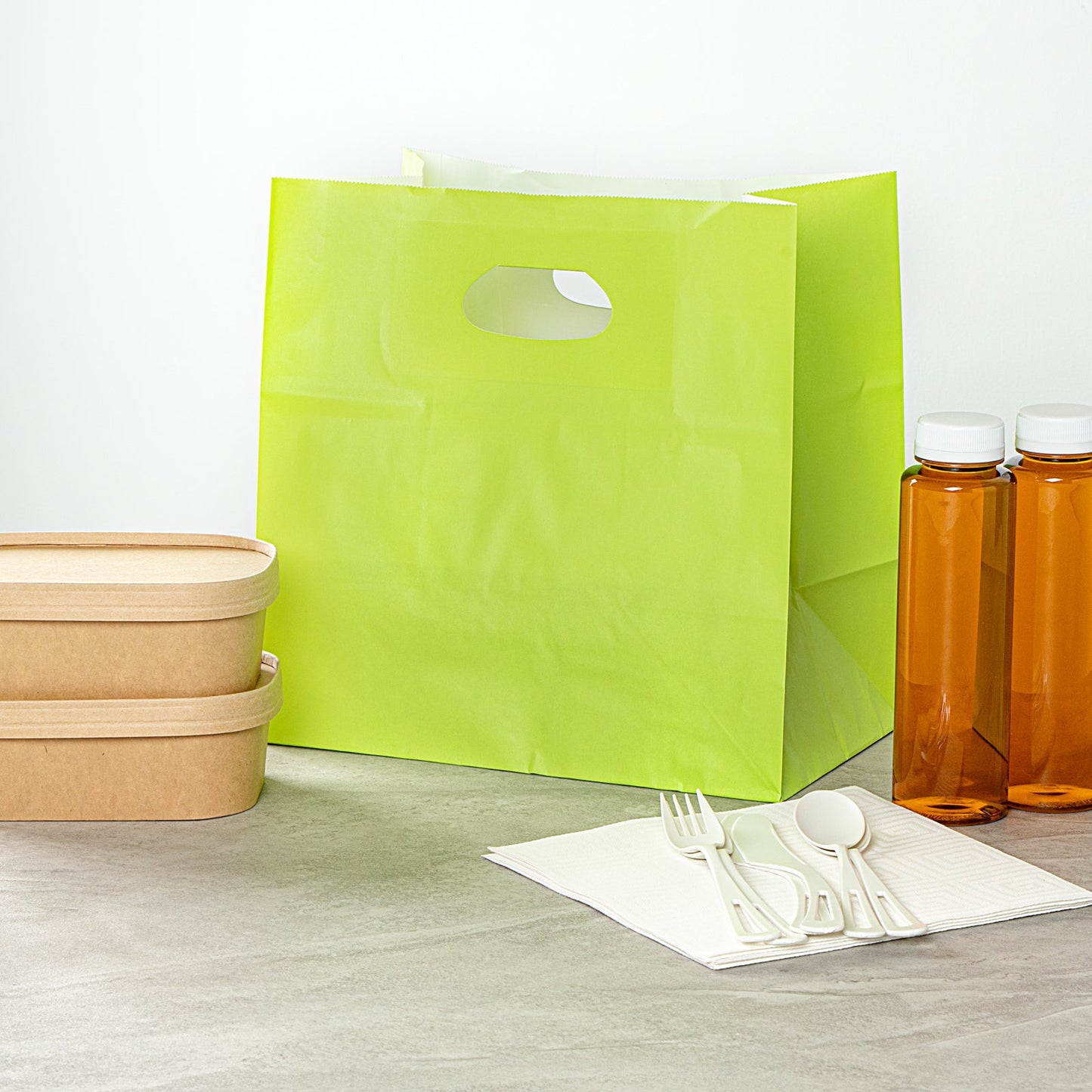 Bag Tek Rectangle Eco Green Paper Take Out Bag - with Handles - 11" x 7" x 11" - 100 count box