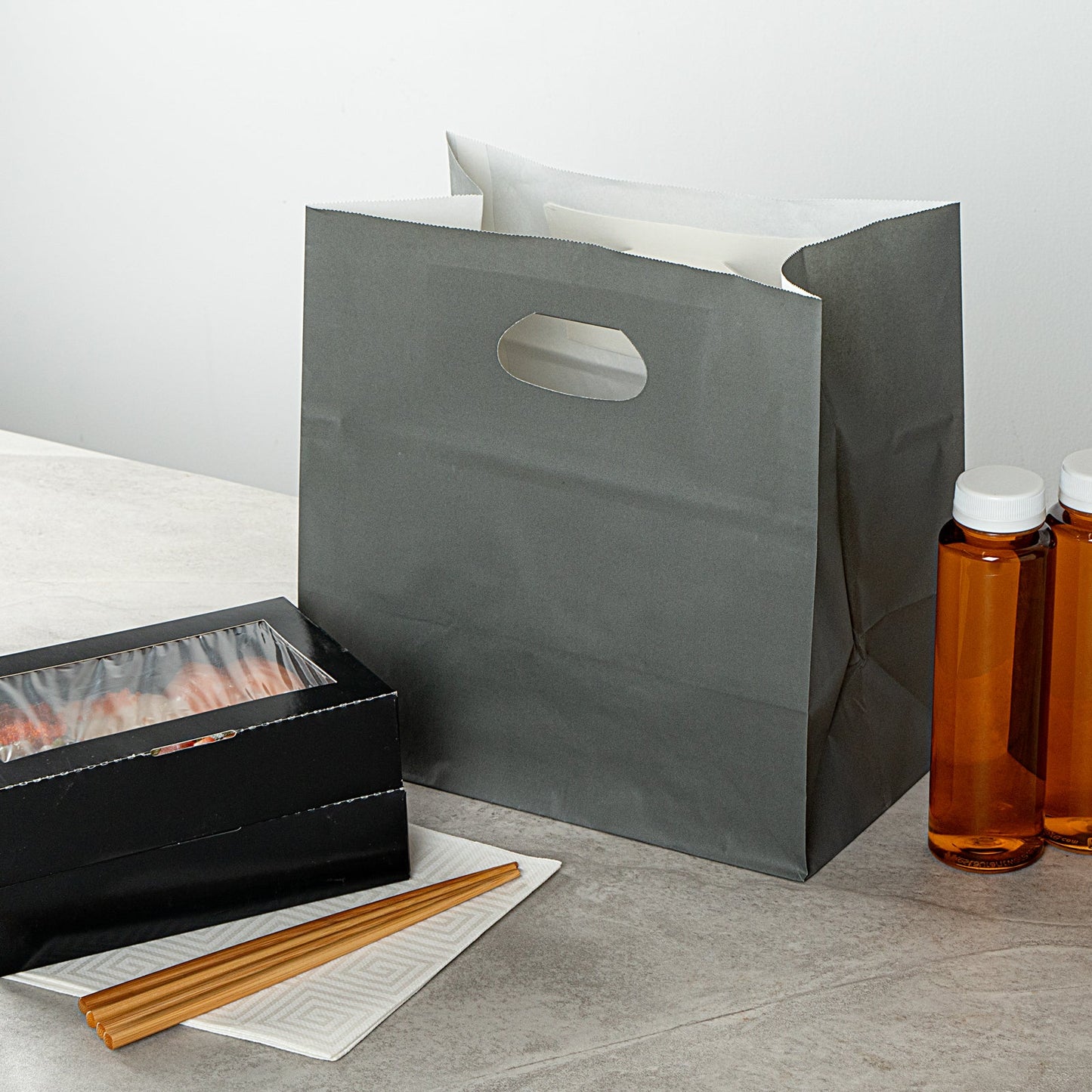 Bag Tek Rectangle Gray Paper Take Out Bag - with Handles - 11" x 7" x 11" - 100 count box