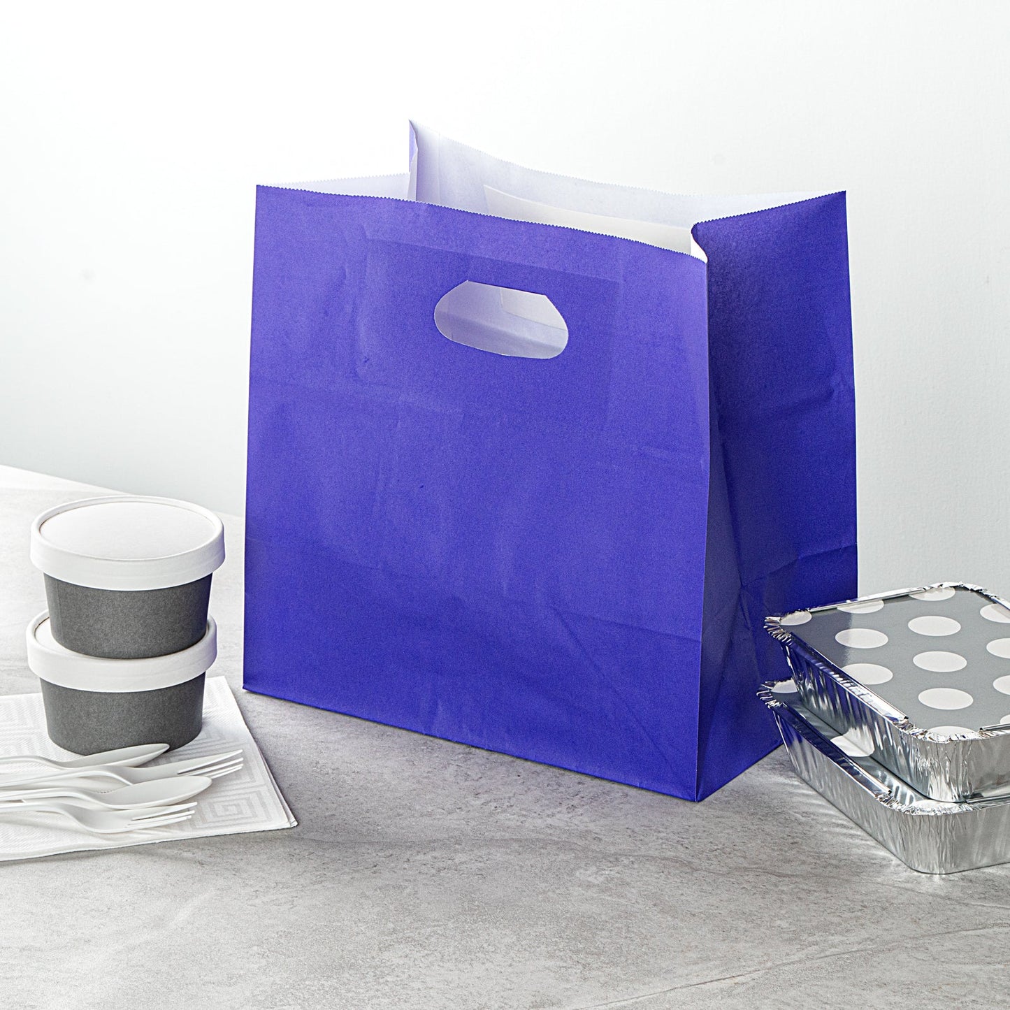 Bag Tek Rectangle Purple Paper Take Out Bag - with Handles - 11" x 7" x 11" - 100 count box