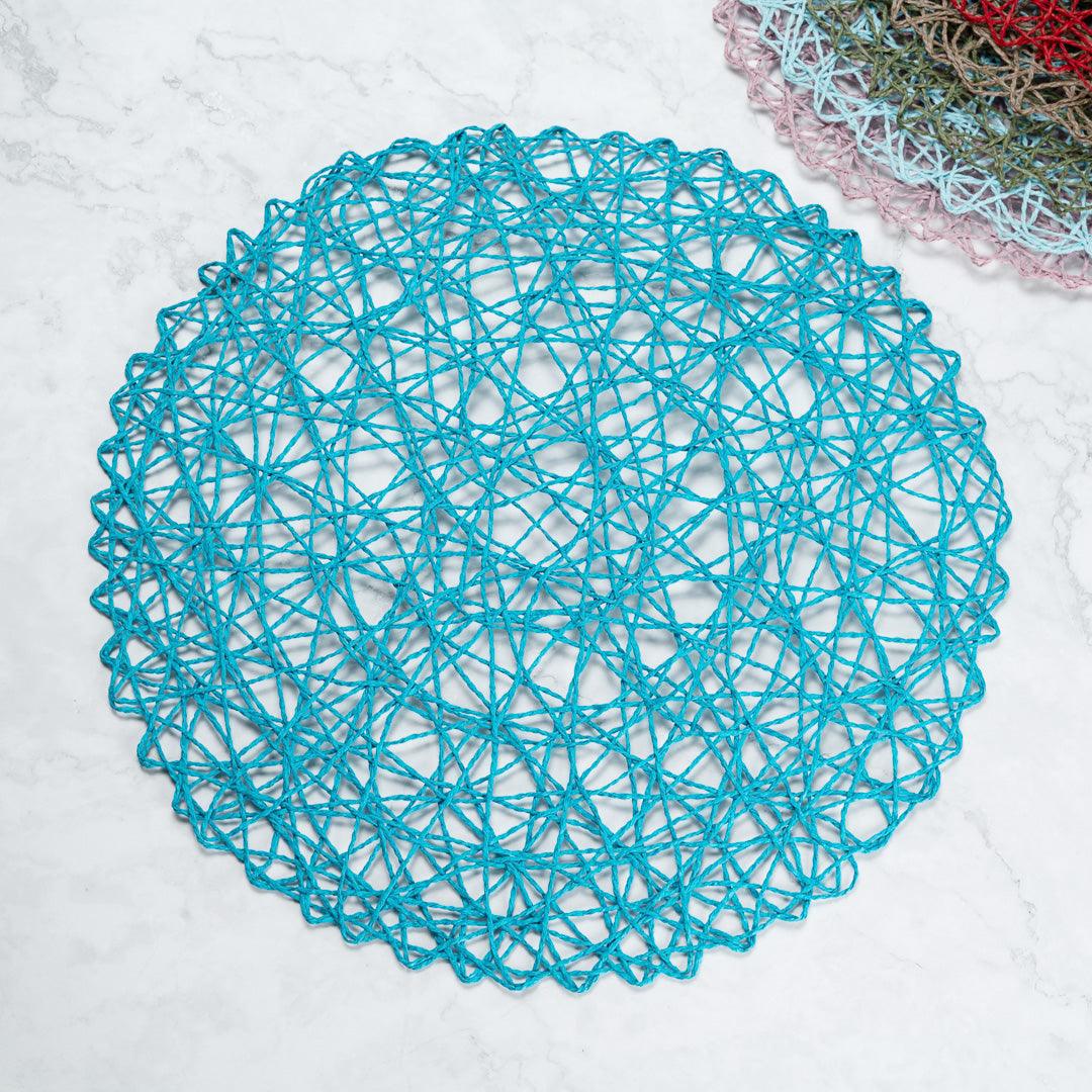 Spinweave Round Cerulean Blue Paper Handmade Placemat - Semi-Disposable - 15" x 15" - 6 count box