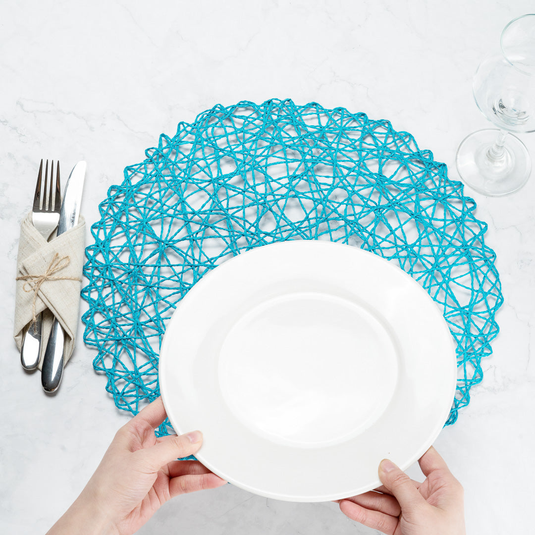 Spinweave Round Cerulean Blue Paper Handmade Placemat - Semi-Disposable - 15" x 15" - 6 count box