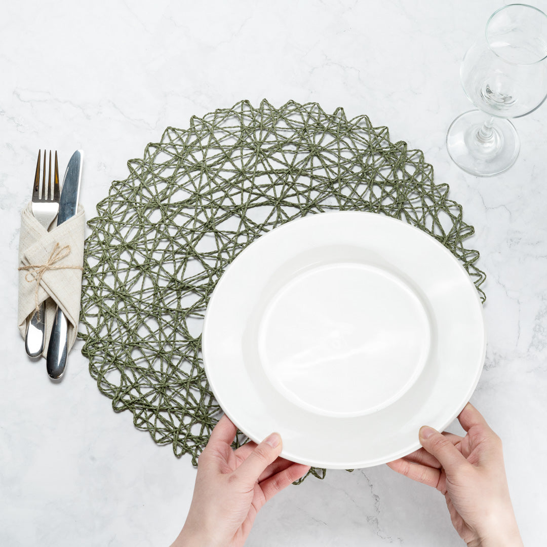 Spinweave Round Green Paper Handmade Placemat - Semi-Disposable - 15" x 15" - 6 count box