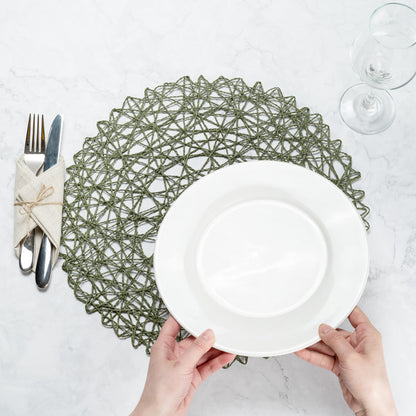 Spinweave Round Green Paper Handmade Placemat - Semi-Disposable - 15" x 15" - 6 count box