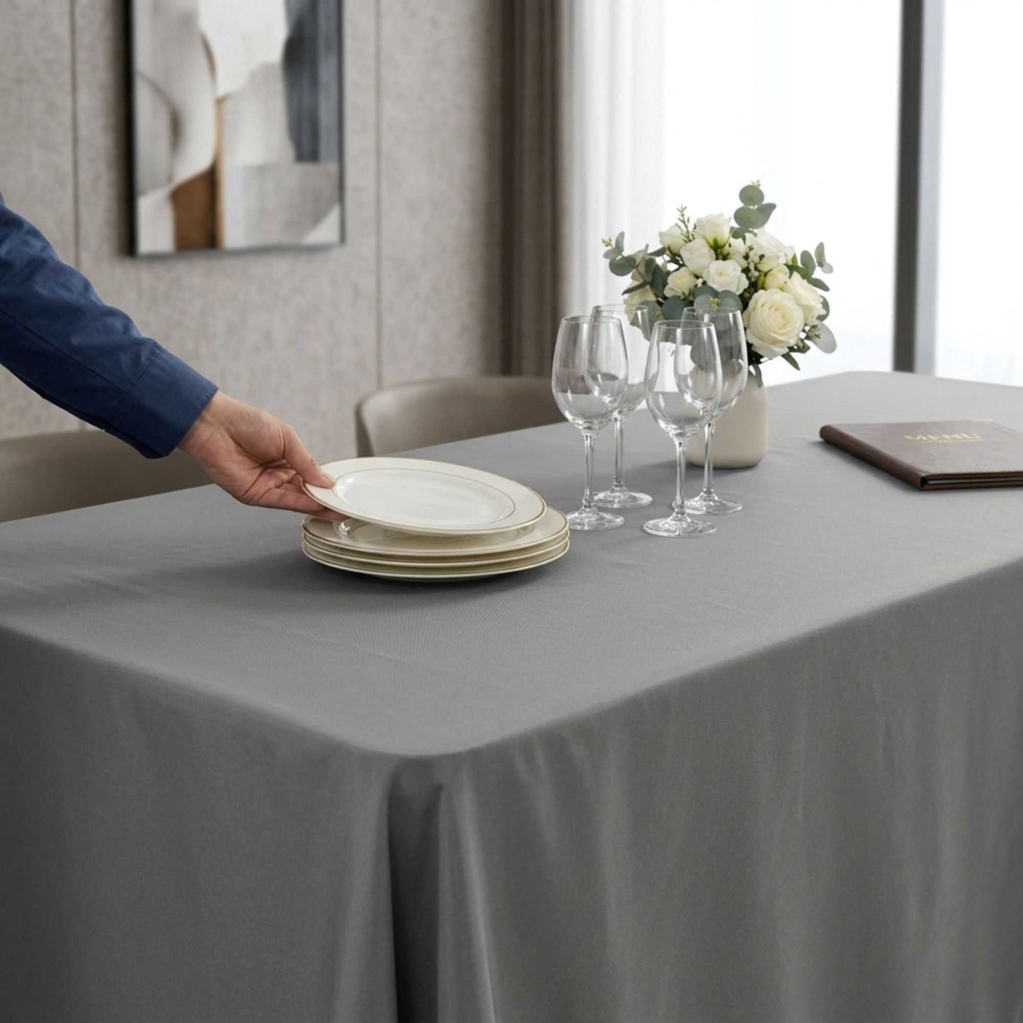 Table Tek Rectangle Gray Polyester Cloth Table Cover - Hemmed - 90" x 132" - 1 count box