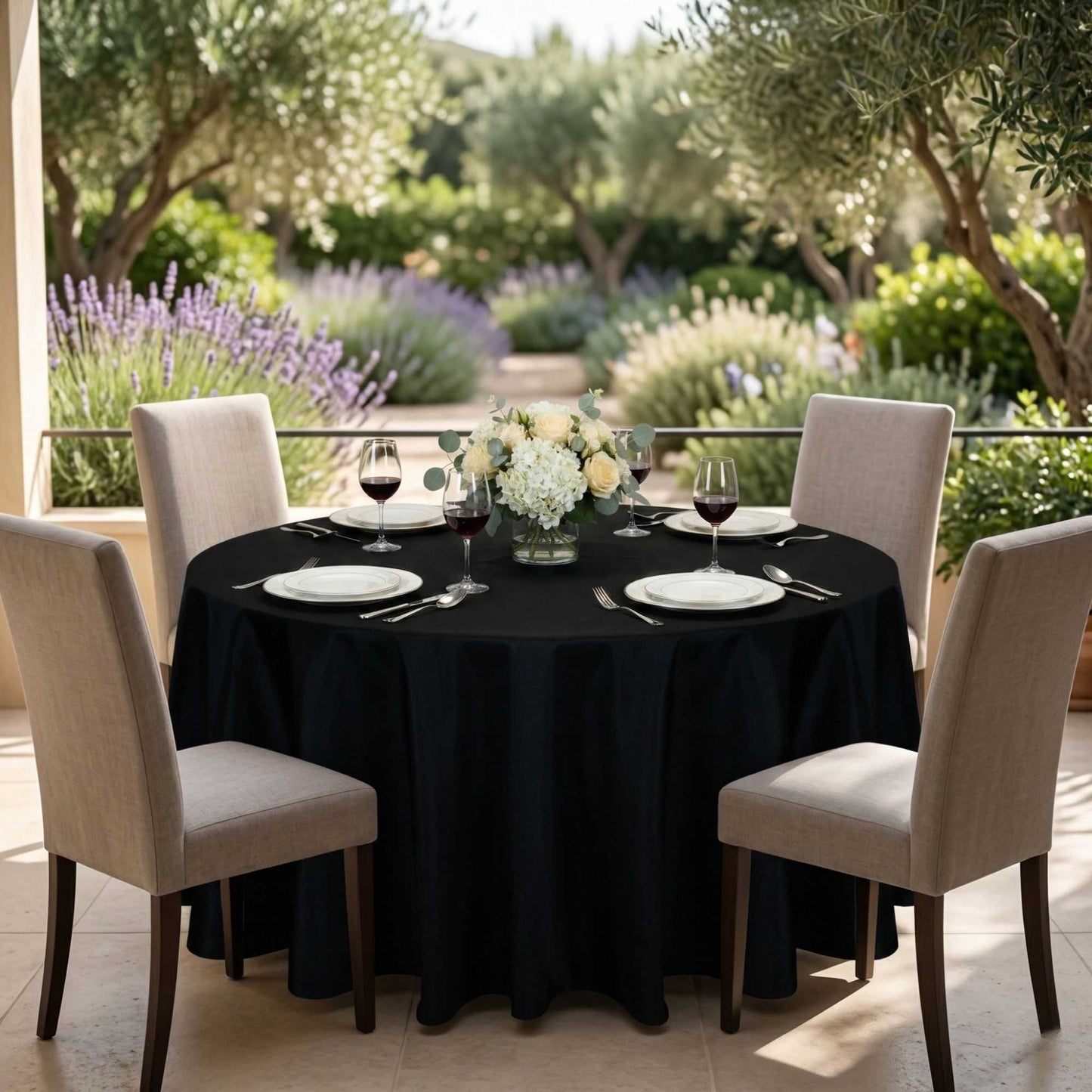 Table Tek Round Black Polyester Cloth Table Cover - Hemmed - 120" - 1 count box