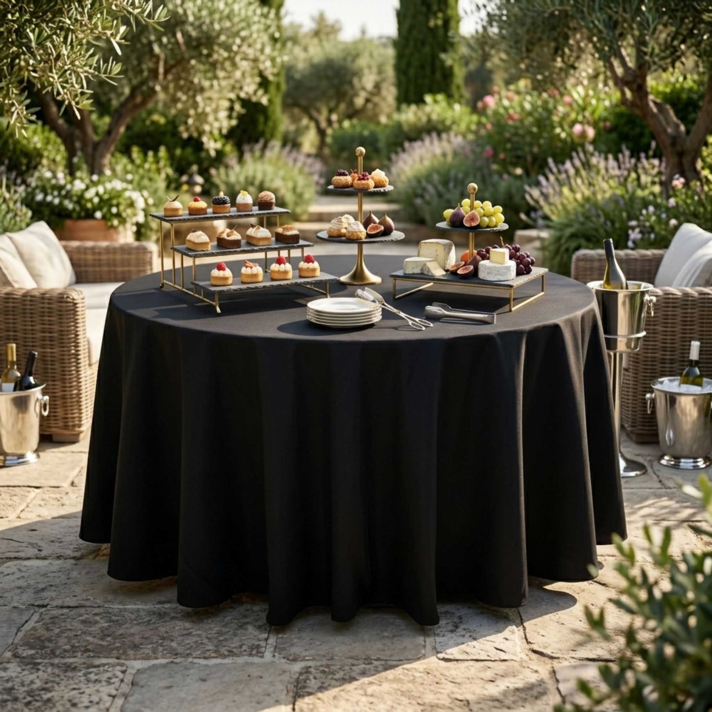 Table Tek Round Black Polyester Cloth Table Cover - Hemmed - 120" - 10 count box