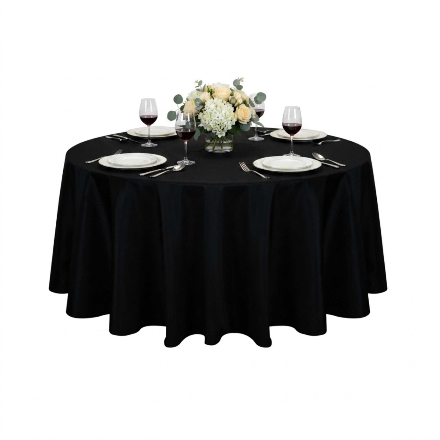 Table Tek Round Black Polyester Cloth Table Cover - Hemmed - 120" - 10 count box