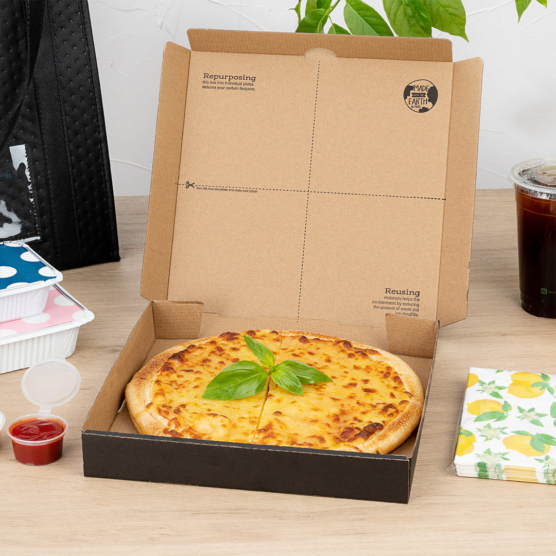 Eco Pie Kraft and Black Paper Corrugated Pizza Box - Repurpose for Plates - 10 3/4" x 10 3/4" x 1 3/4" - 50 count box