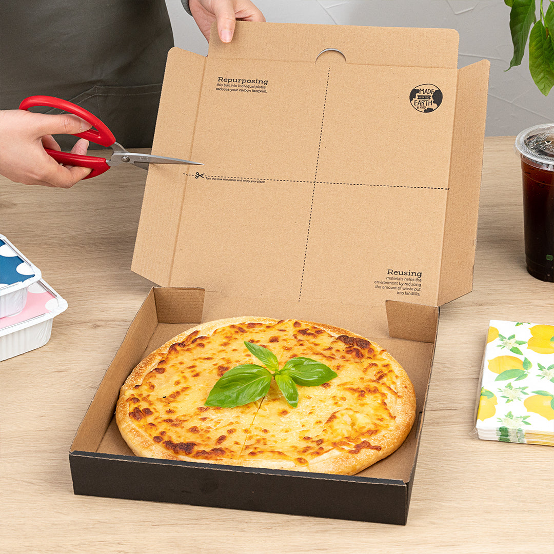 Eco Pie Kraft and Black Paper Corrugated Pizza Box - Repurpose for Plates - 10 3/4" x 10 3/4" x 1 3/4" - 50 count box
