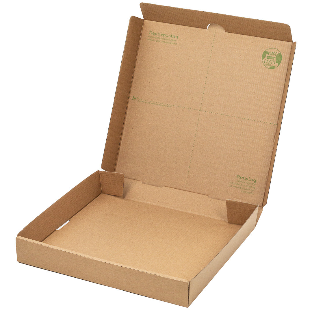 Eco Pie Kraft and Green Paper Corrugated Pizza Box - Repurpose for Plates - 10 3/4" x 10 3/4" x 1 3/4" - 50 count box