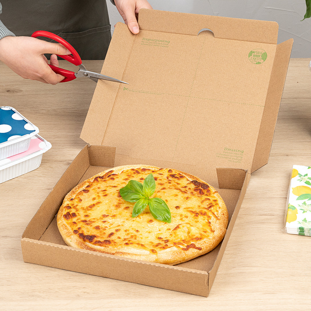 Eco Pie Kraft and Green Paper Corrugated Pizza Box - Repurpose for Plates - 10 3/4" x 10 3/4" x 1 3/4" - 50 count box
