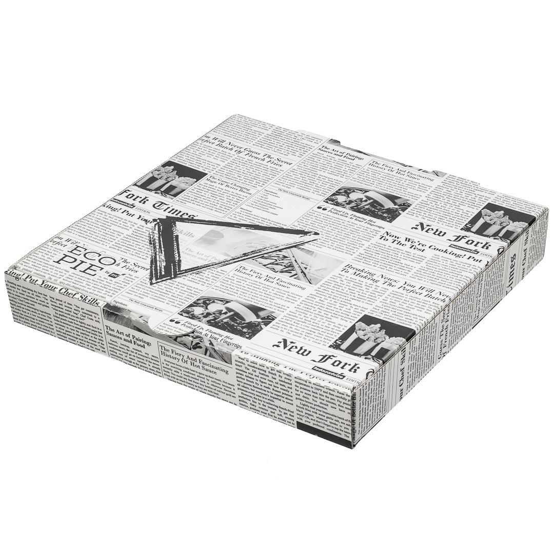 Eco Pie Newsprint and White Paper Corrugated Pizza Box - Repurpose for Plates - 10 3/4" x 10 3/4" x 1 3/4" - 50 count box