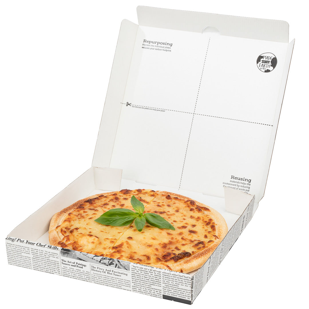 Eco Pie Newsprint and White Paper Corrugated Pizza Box - Repurpose for Plates - 10 3/4" x 10 3/4" x 1 3/4" - 50 count box