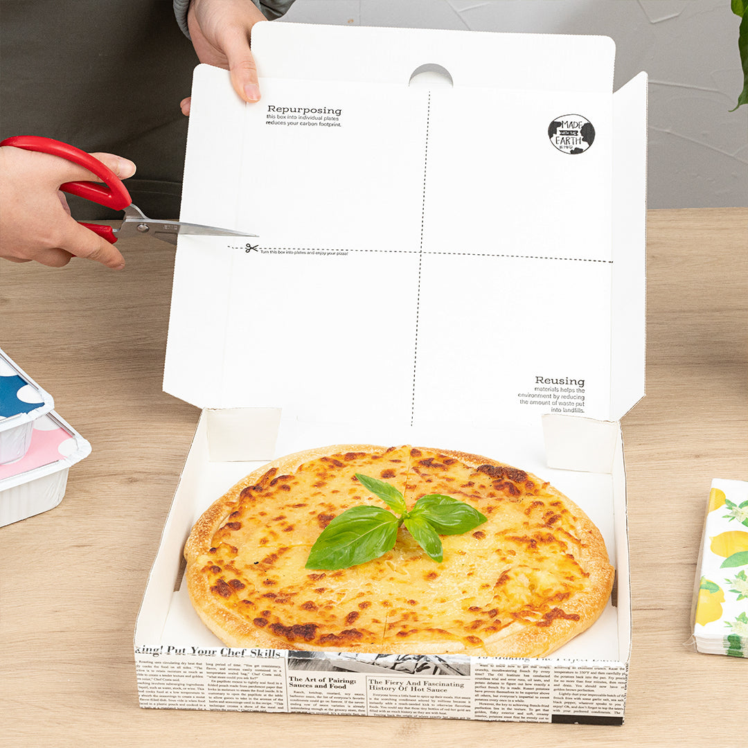Eco Pie Newsprint and White Paper Corrugated Pizza Box - Repurpose for Plates - 10 3/4" x 10 3/4" x 1 3/4" - 50 count box