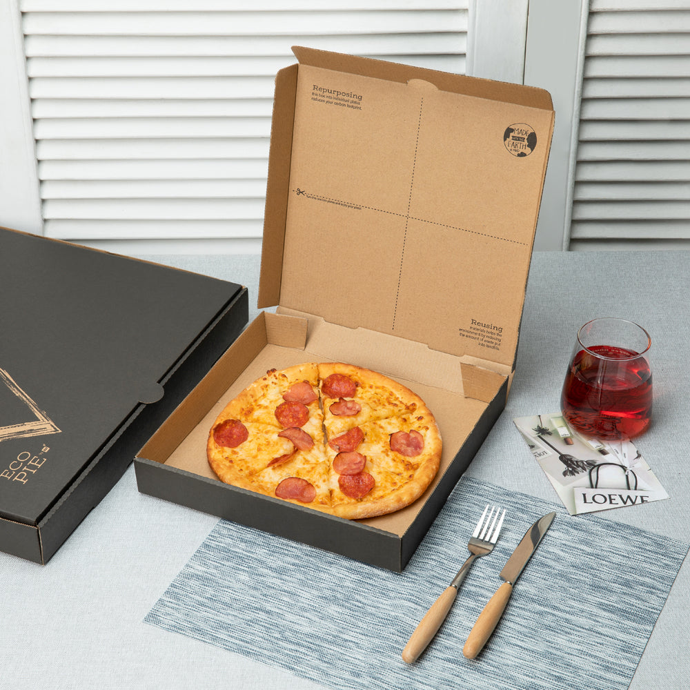 Eco Pie Kraft and Black Paper Corrugated Pizza Box - Repurpose for Plates - 12 1/2" x 12 1/2" x 1 3/4" - 50 count box