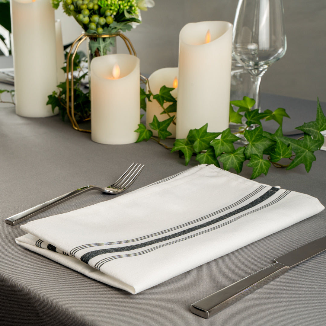 Luxenap White Woven Cloth Bistro Napkin - Black Stripe - 18 1/2" x 22 3/4" - 10 count box
