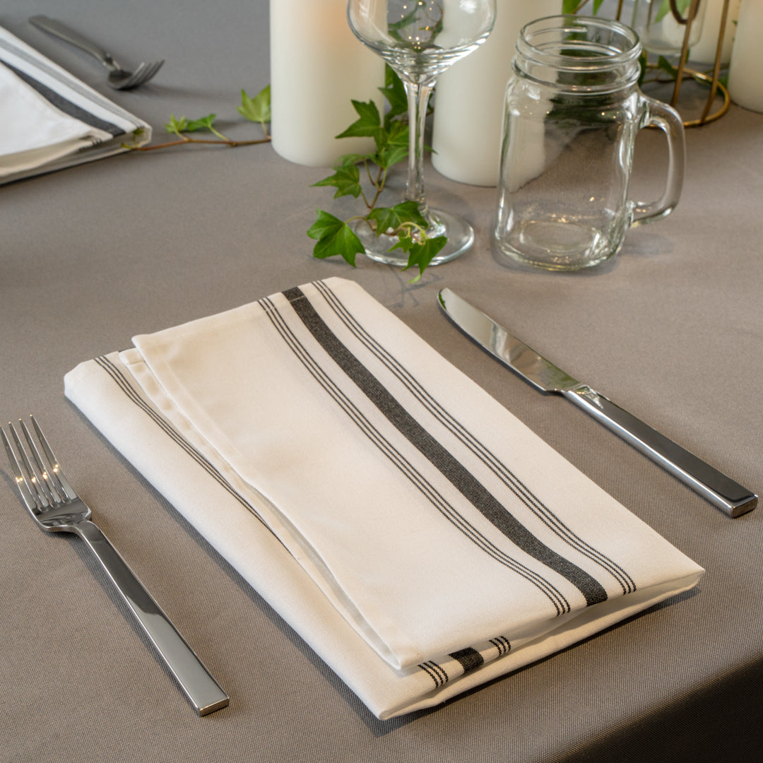 Luxenap White Woven Cloth Bistro Napkin - Black Stripe - 18 1/2" x 22 3/4" - 10 count box
