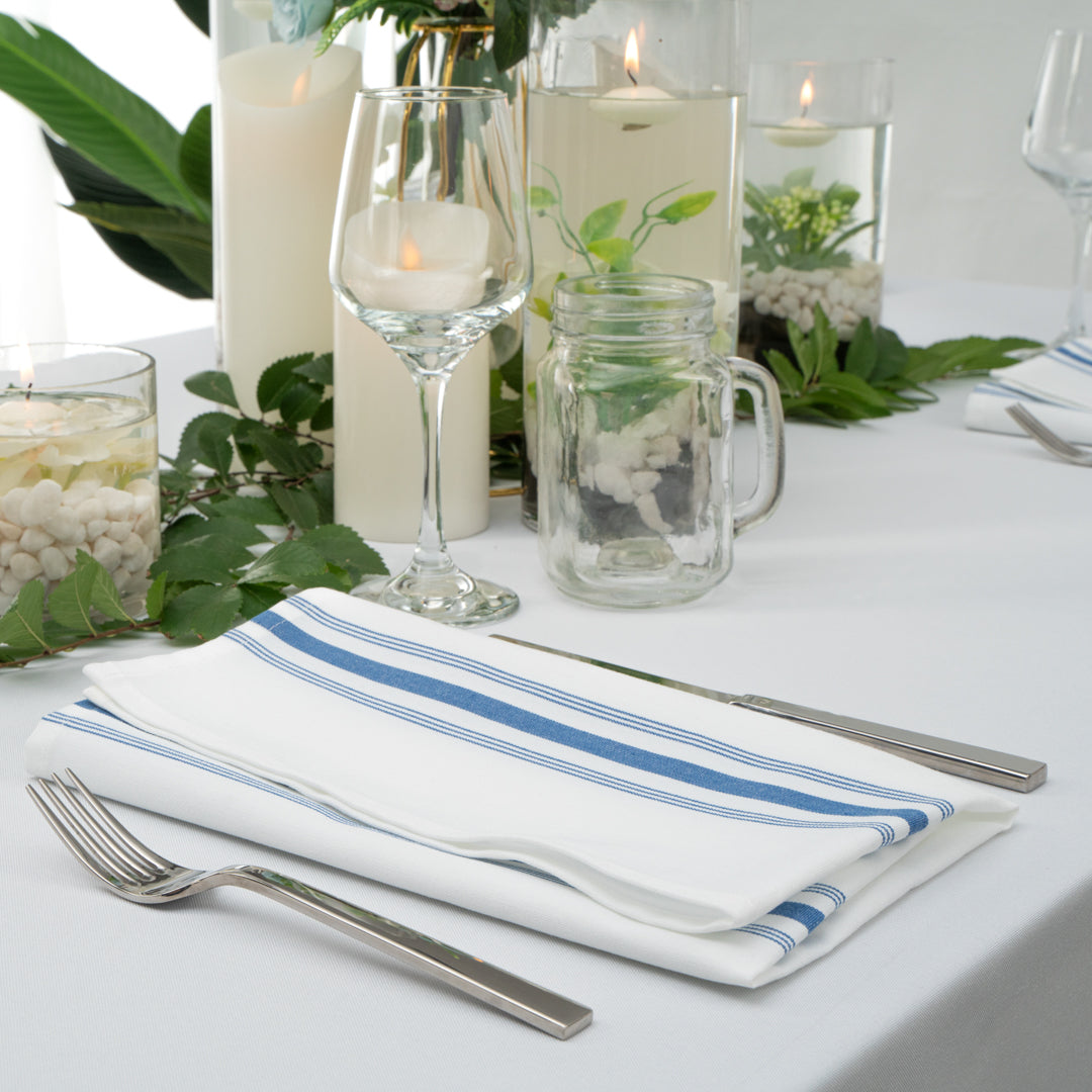 Luxenap White Woven Cloth Bistro Napkin - Blue Stripe - 18 1/2" x 22 3/4" - 10 count box