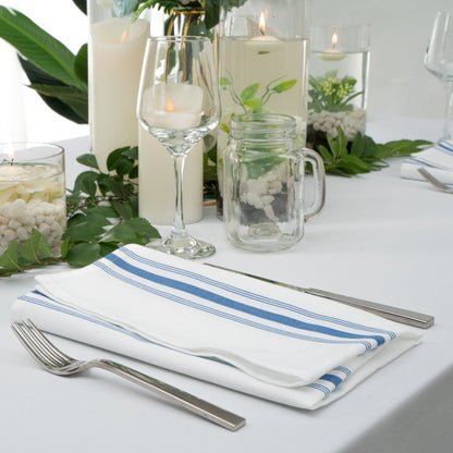 Luxenap White Woven Cloth Bistro Napkin - Blue Stripe - 18 1/2" x 22 3/4" - 10 count box