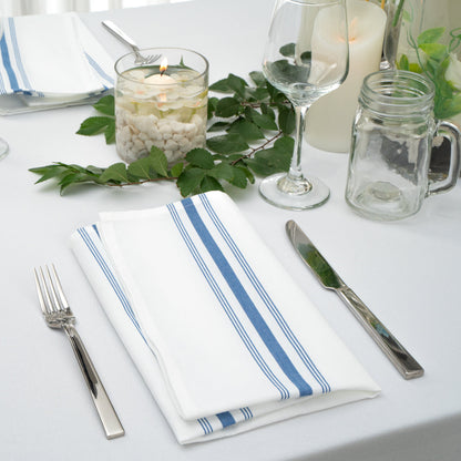 Luxenap White Woven Cloth Bistro Napkin - Blue Stripe - 18 1/2" x 22 3/4" - 10 count box