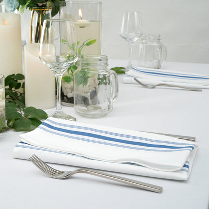 Luxenap White Woven Cloth Bistro Napkin - Blue Stripe - 18 1/2" x 22 3/4" - 10 count box