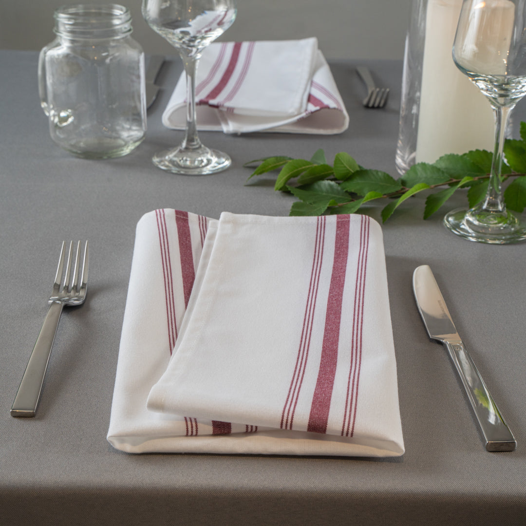 Luxenap White Woven Cloth Bistro Napkin - Burgundy Stripe - 18 1/2" x 22 3/4" - 10 count box