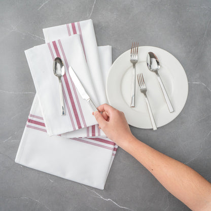 Luxenap White Woven Cloth Bistro Napkin - Burgundy Stripe - 18 1/2" x 22 3/4" - 10 count box