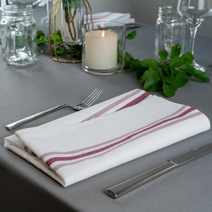 Luxenap White Woven Cloth Bistro Napkin - Burgundy Stripe - 18 1/2" x 22 3/4" - 10 count box