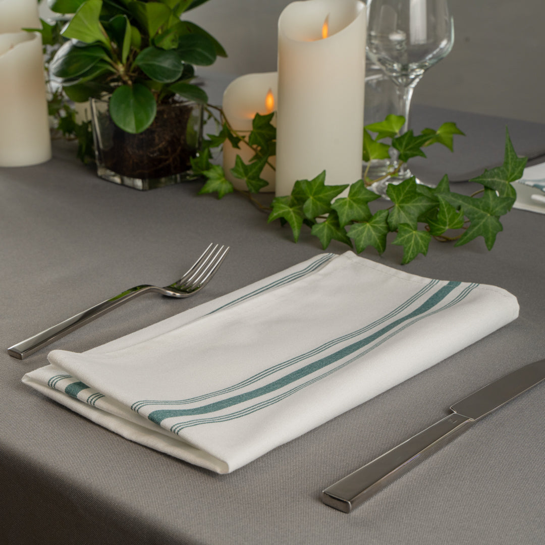 Luxenap White Woven Cloth Bistro Napkin - Green Stripe - 18 1/2" x 22 3/4" - 10 count box