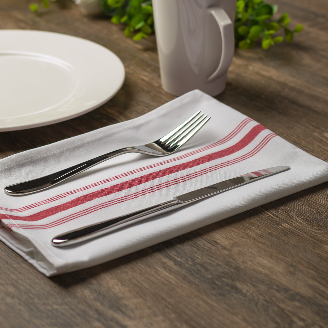 Luxenap White Woven Cloth Bistro Napkin - Red Stripe - 18 1/2" x 22 3/4" - 10 count box