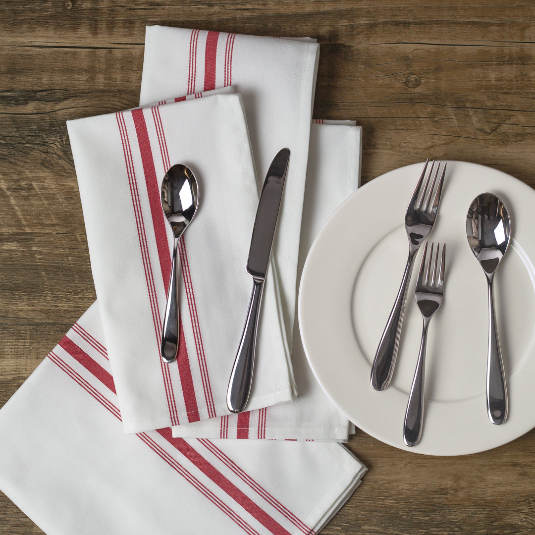 Luxenap White Woven Cloth Bistro Napkin - Red Stripe - 18 1/2" x 22 3/4" - 10 count box