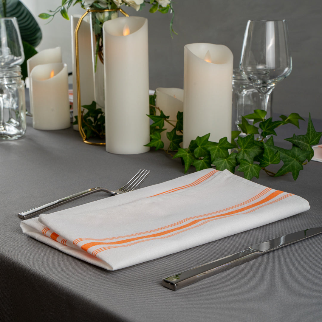 Luxenap White Woven Cloth Bistro Napkin - Orange Stripe - 18 1/2" x 22 3/4" - 10 count box