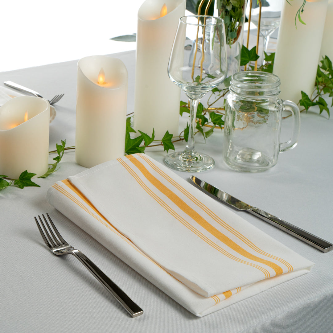 Luxenap White Woven Cloth Bistro Napkin - Yellow Stripe - 18 1/2" x 22 3/4" - 10 count box