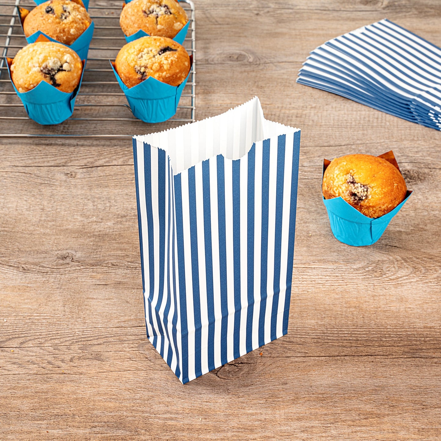 Bag Tek Blue and White Stripe Paper Bag - 2 lb - 4 1/4" x 2 1/4" x 8 1/2" - 100 count box