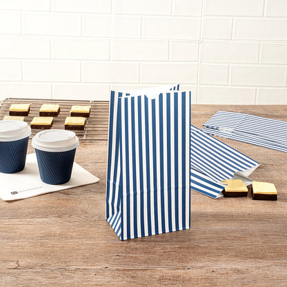 Bag Tek Blue and White Stripe Paper Bag - 4 lb - 5" x 3 1/4" x 9 1/2" - 100 count box