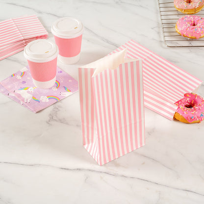 Bag Tek Pink and White Stripe Paper Bag - 4 lb - 5" x 3 1/4" x 9 1/2" - 100 count box