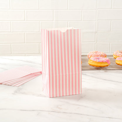 Bag Tek Pink and White Stripe Paper Bag - 4 lb - 5" x 3 1/4" x 9 1/2" - 100 count box