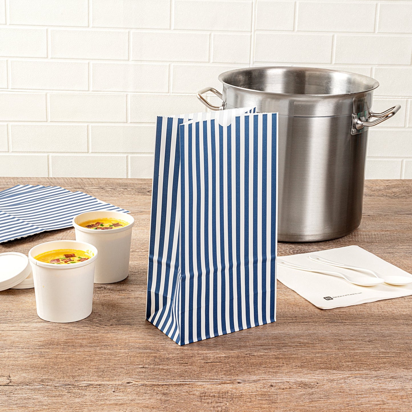 Bag Tek Blue and White Stripe Paper Bag - 6 lb - 6" x 3 1/2" x 10 3/4" - 100 count box