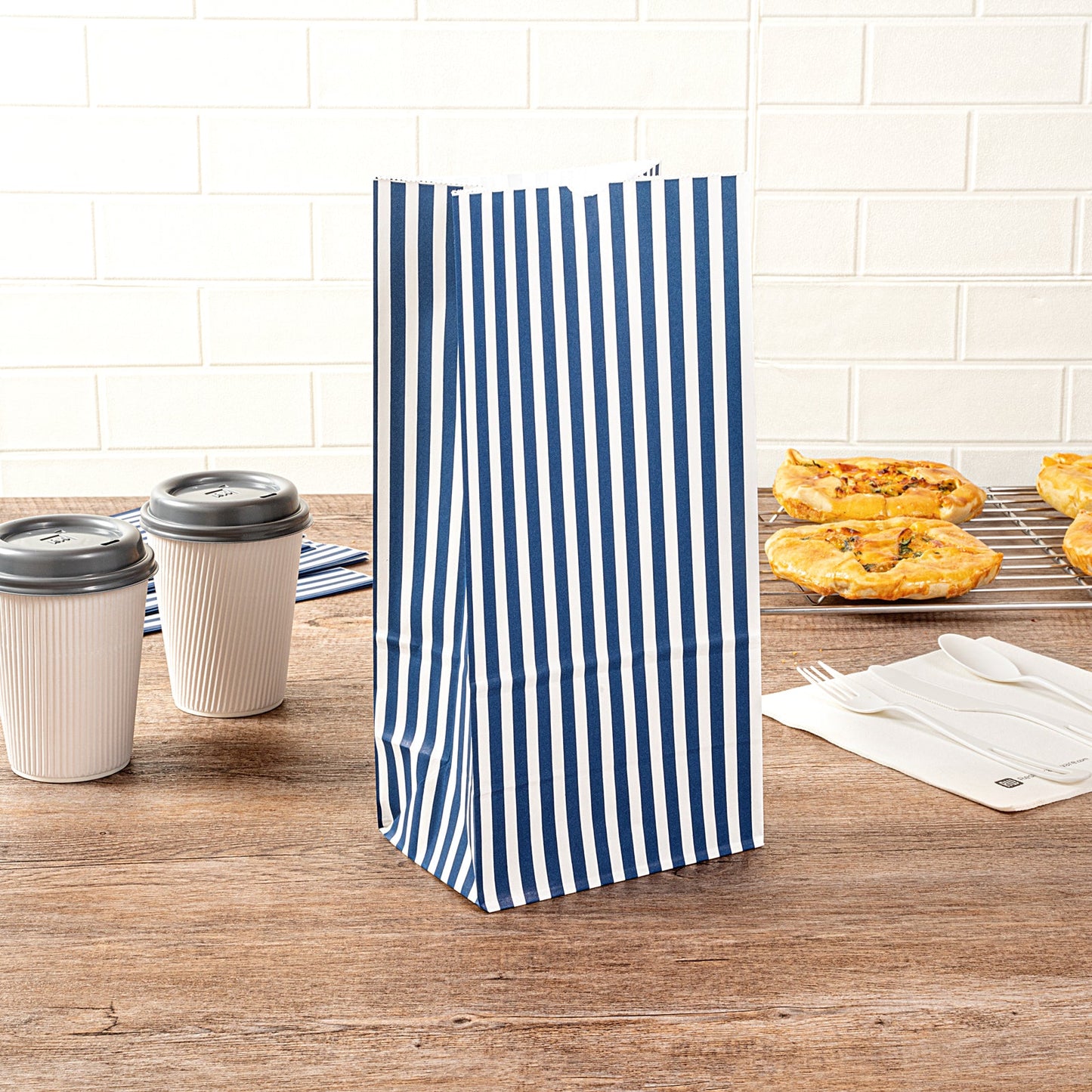 Bag Tek Blue and White Stripe Paper Bag - 8 lb - 6" x 4" x 11 3/4" - 100 count box