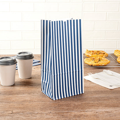 Bag Tek Blue and White Stripe Paper Bag - 8 lb - 6" x 4" x 11 3/4" - 100 count box