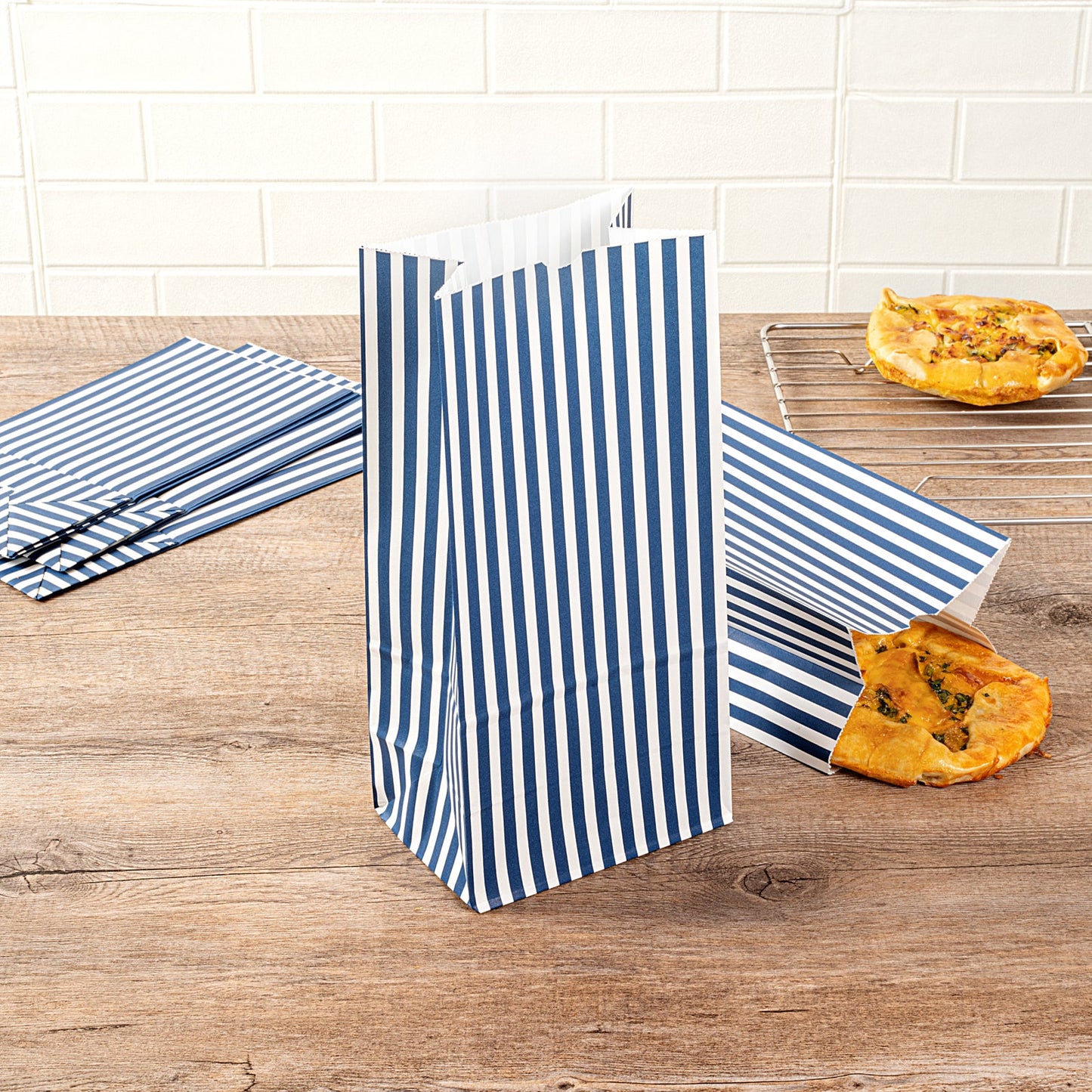 Bag Tek Blue and White Stripe Paper Bag - 8 lb - 6" x 4" x 11 3/4" - 100 count box