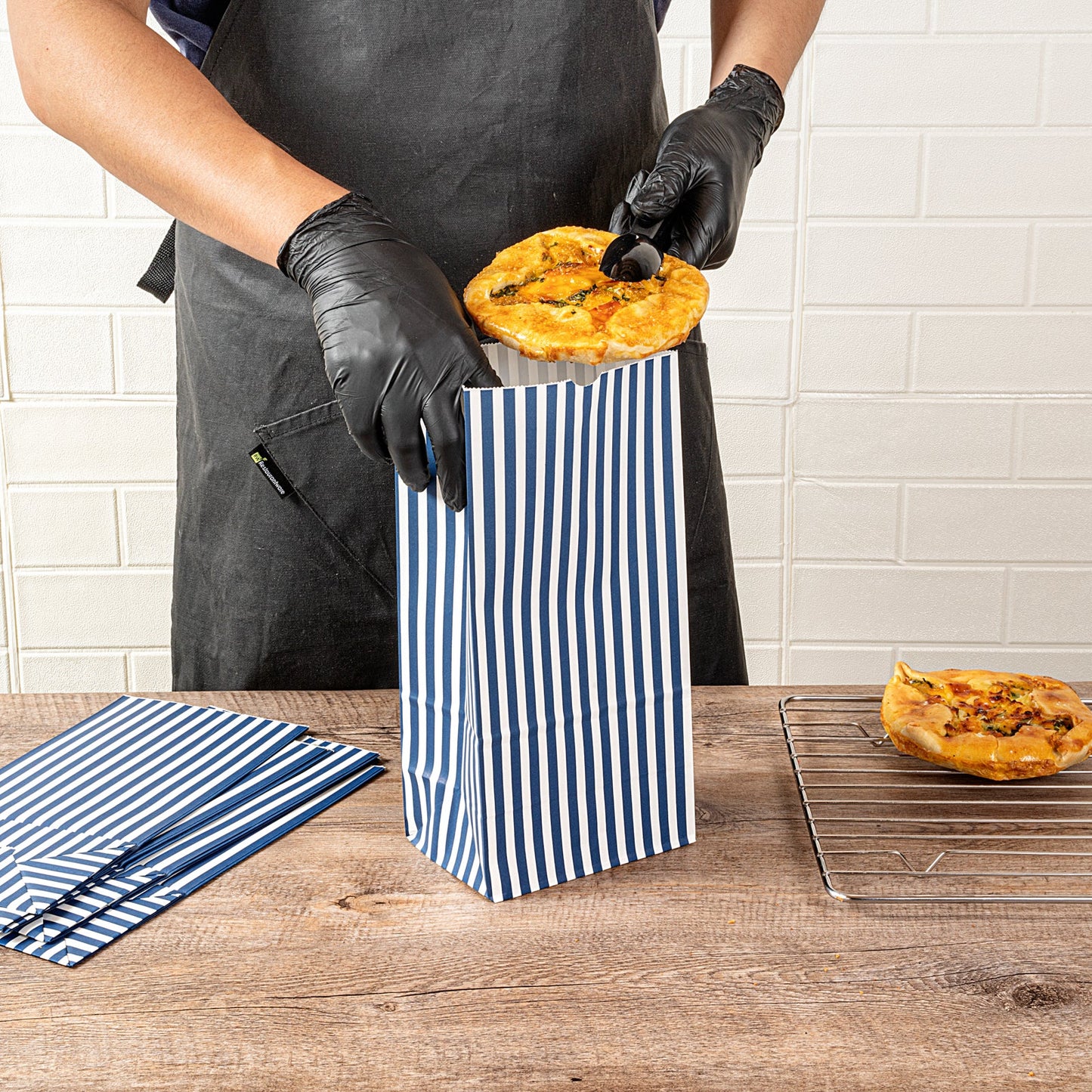 Bag Tek Blue and White Stripe Paper Bag - 8 lb - 6" x 4" x 11 3/4" - 100 count box