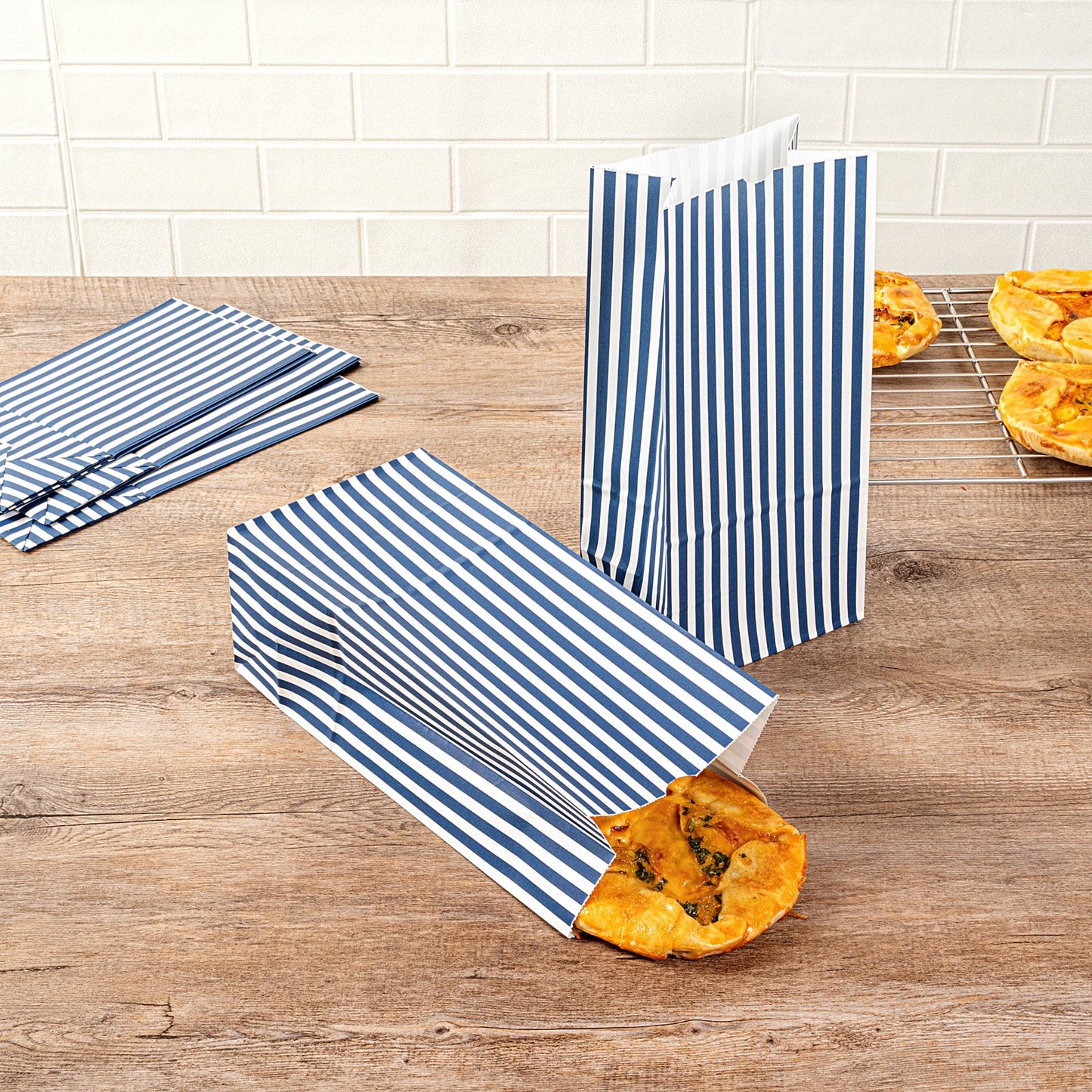 Bag Tek Blue and White Stripe Paper Bag - 8 lb - 6" x 4" x 11 3/4" - 100 count box