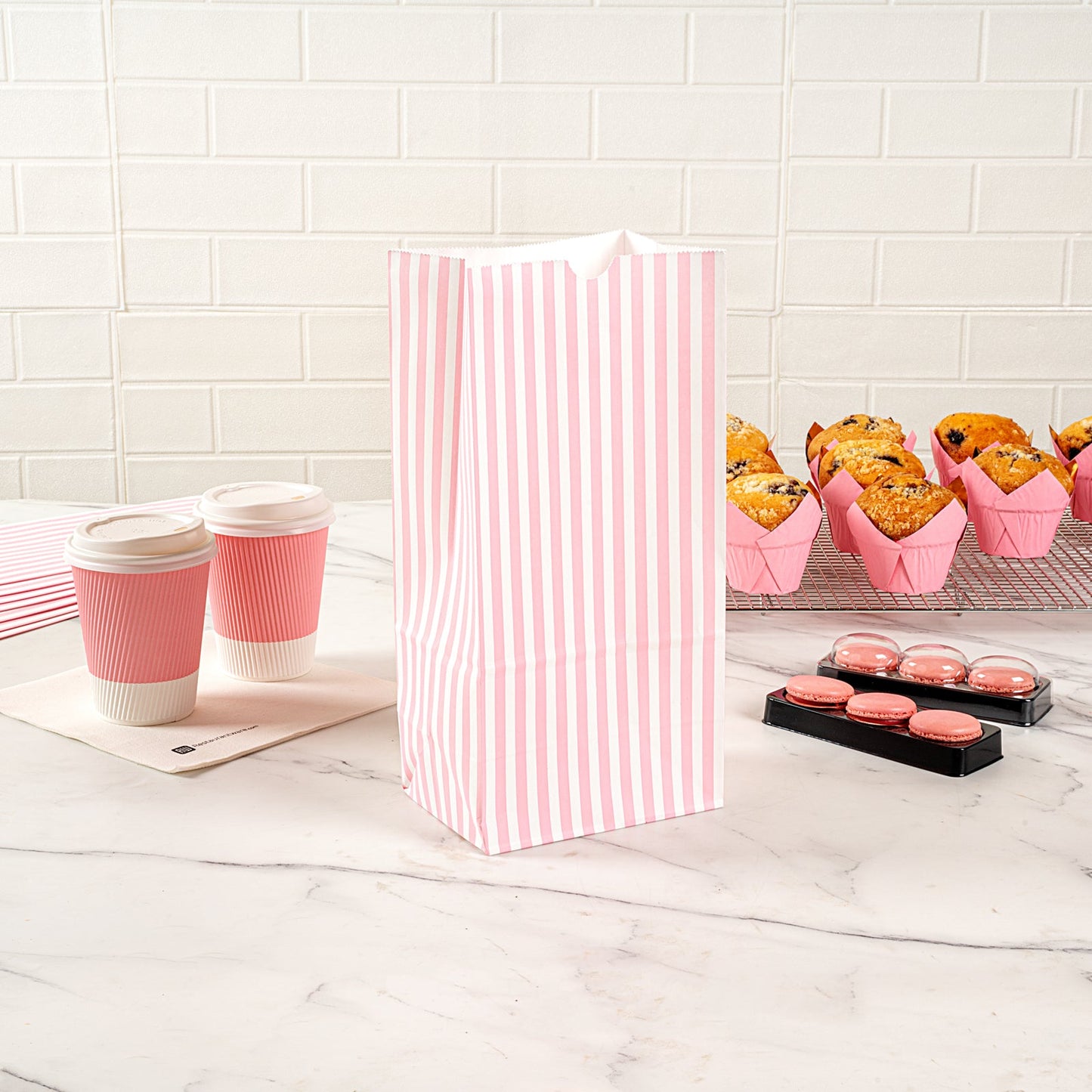 Bag Tek Pink and White Stripe Paper Bag - 8 lb - 6" x 4" x 11 3/4" - 100 count box
