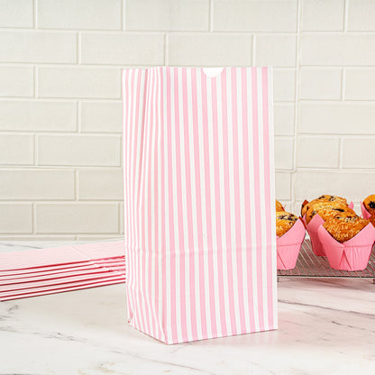 Bag Tek Pink and White Stripe Paper Bag - 8 lb - 6" x 4" x 11 3/4" - 100 count box